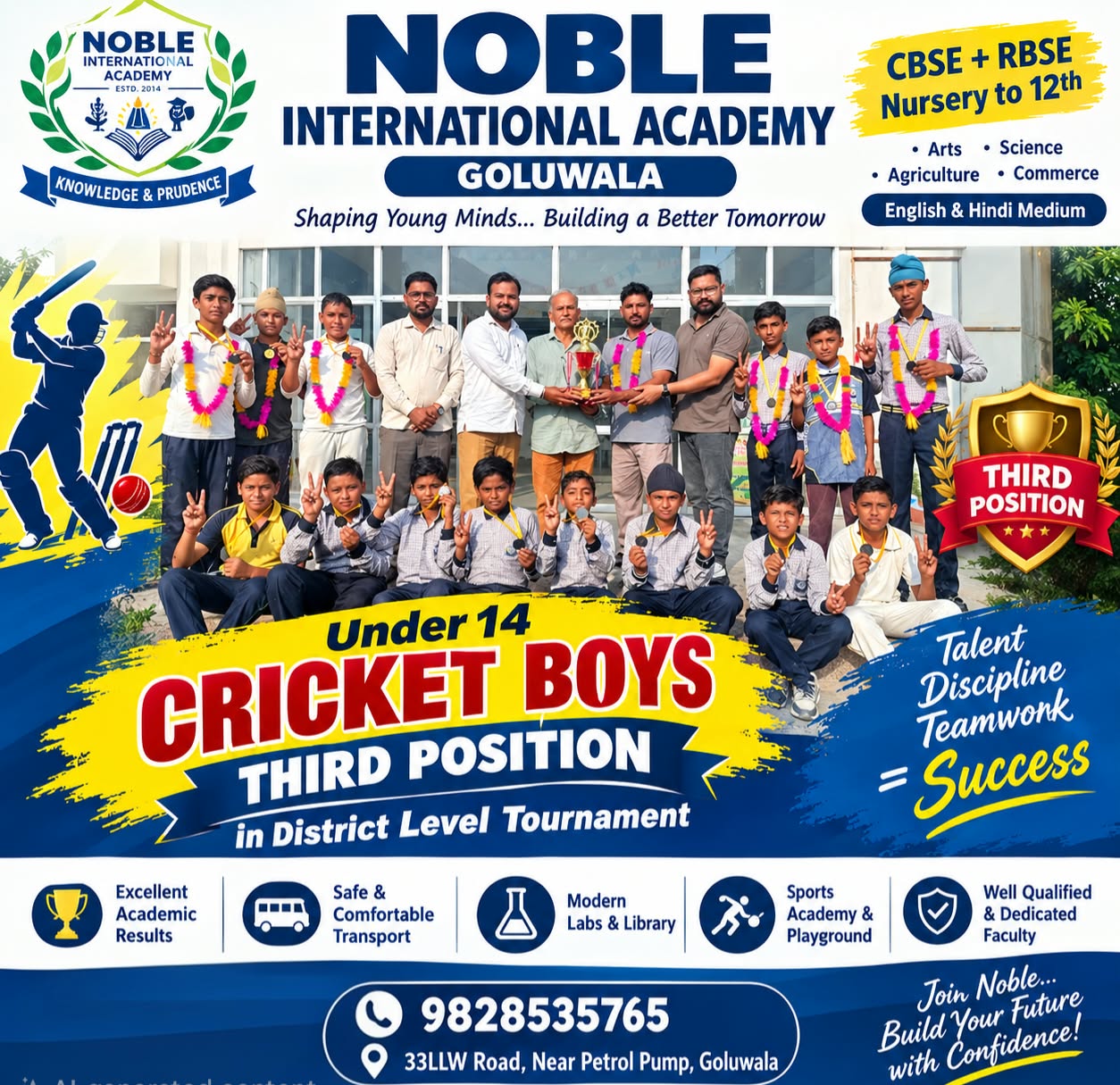 Under-14 Boys Cricket - Third Position, District Level Tournament